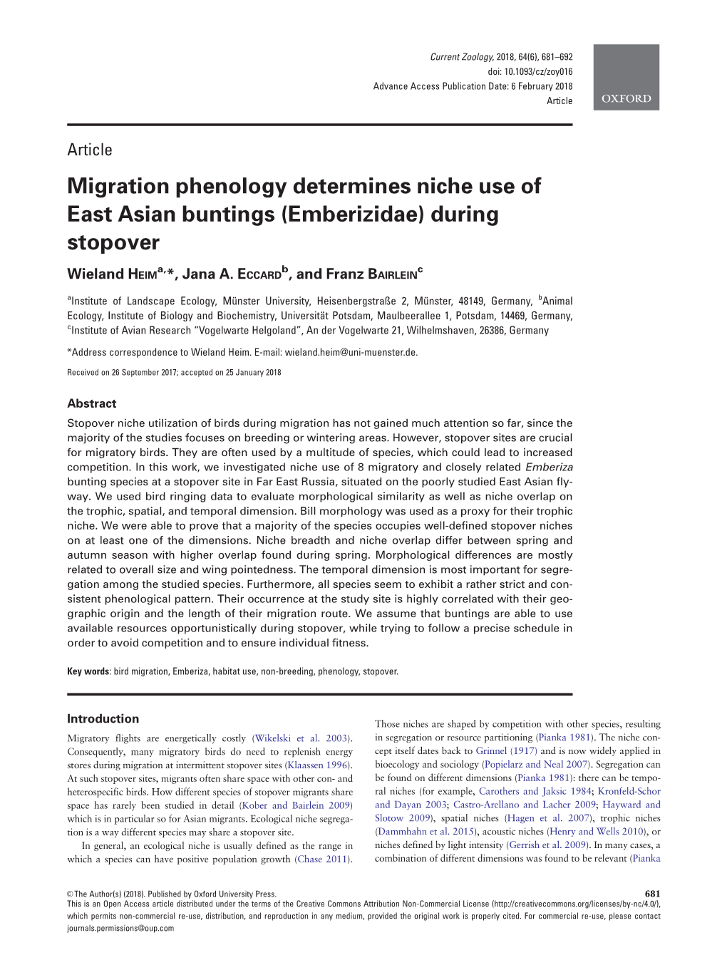 Migration Phenology Determines Niche Use of East Asian Buntings (Emberizidae) During Stopover