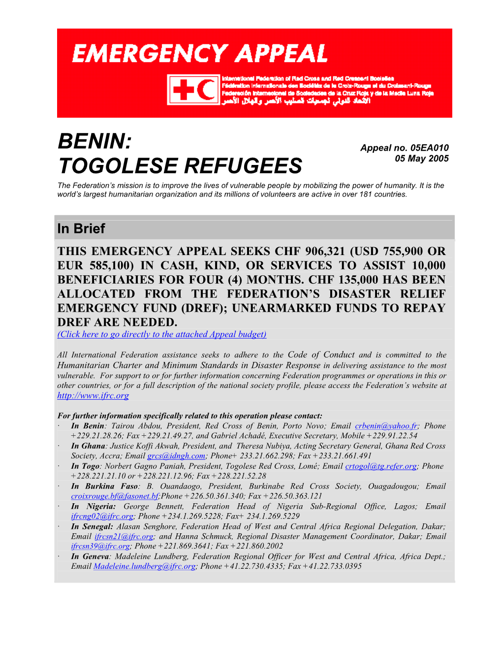 Benin: Togolese Refugees; Emergency Appeal No