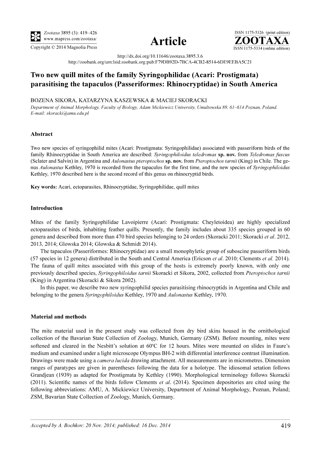 Acari: Prostigmata) Parasitising the Tapaculos (Passeriformes: Rhinocryptidae) in South America