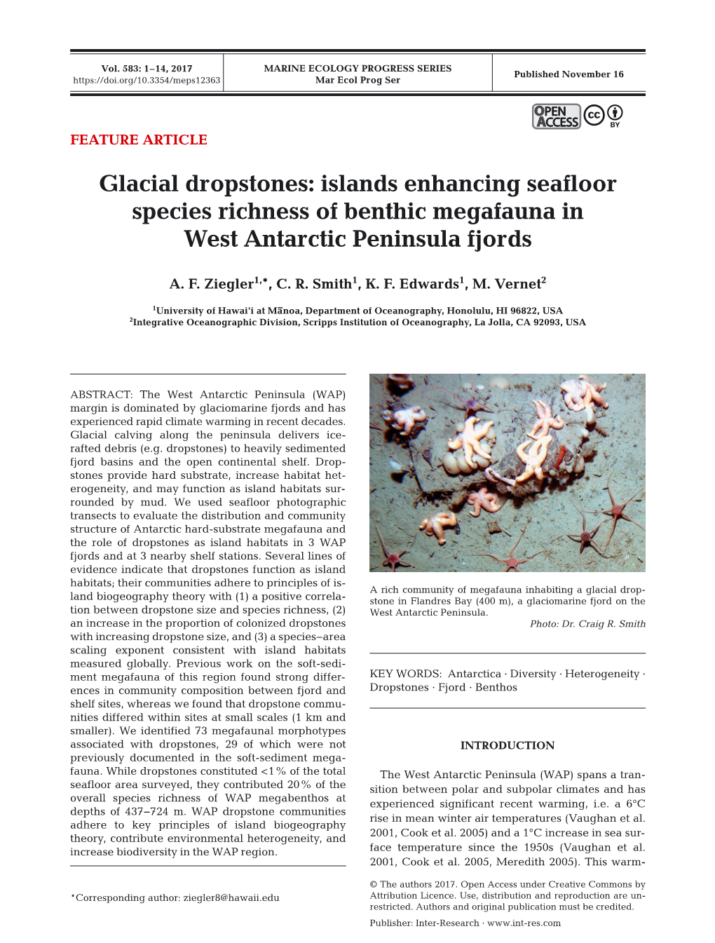 Glacial Dropstones: Islands Enhancing Seafloor Species Richness of Benthic Megafauna in West Antarctic Peninsula Fjords