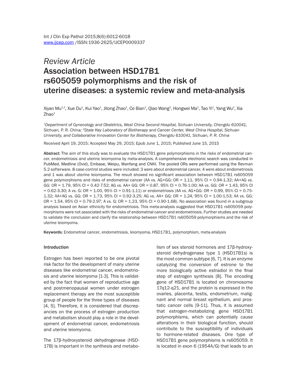 Review Article Association Between HSD17B1 Rs605059 Polymorphisms and the Risk of Uterine Diseases: a Systemic Review and Meta-Analysis