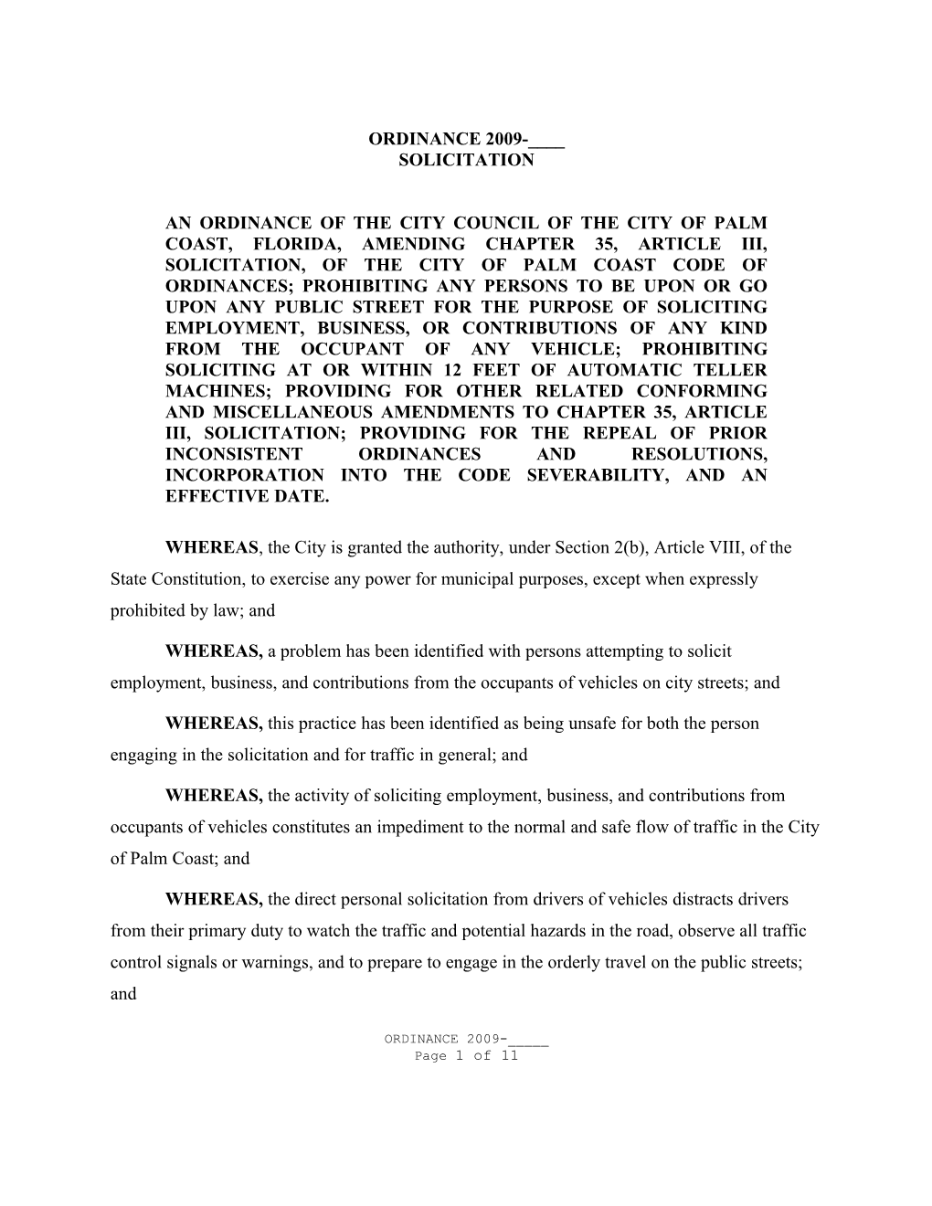 An Ordinance of the City Council of the City of Palm Coast, Florida, Amending Chapter