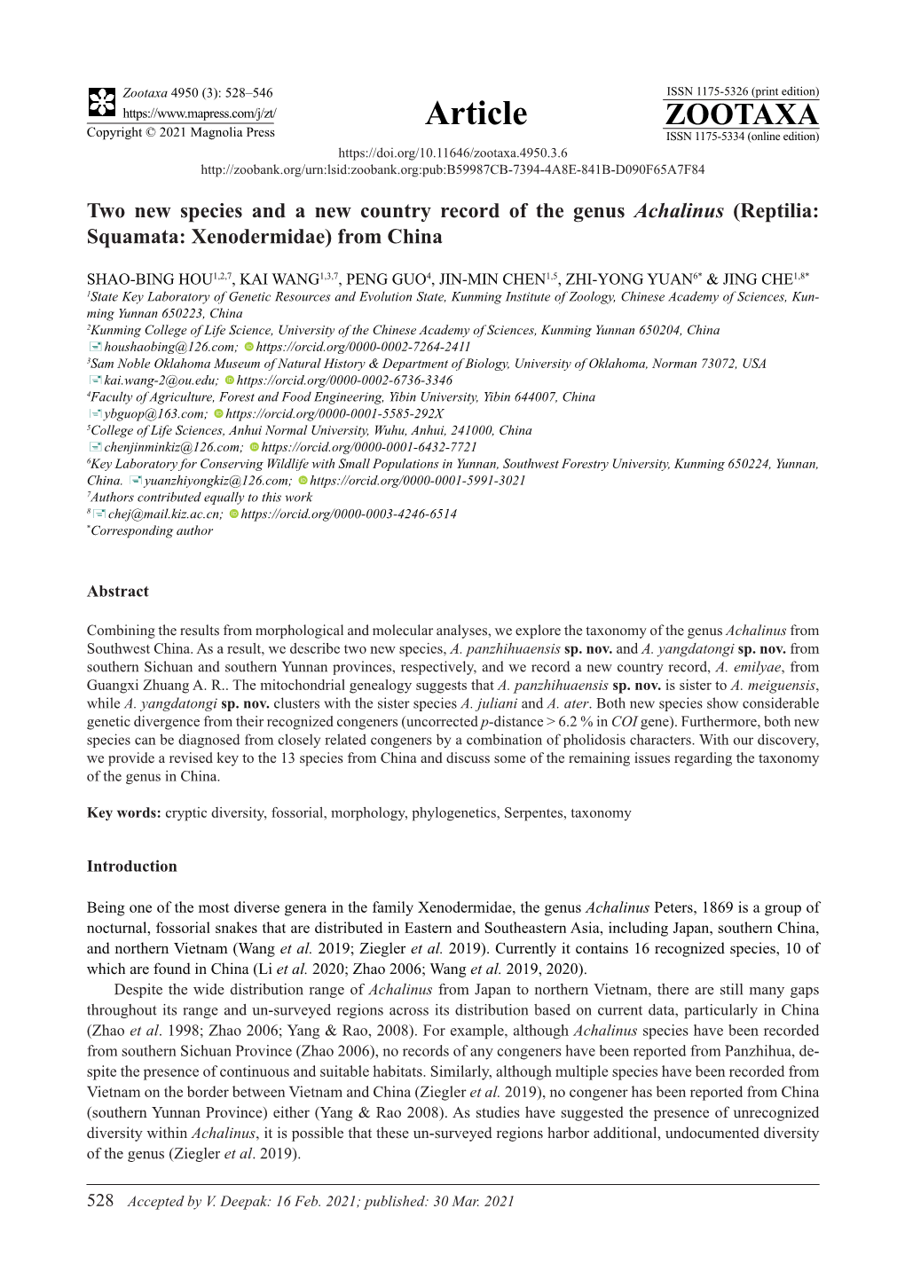 Two New Species and a New Country Record of the Genus Achalinus (Reptilia: Squamata: Xenodermidae) from China