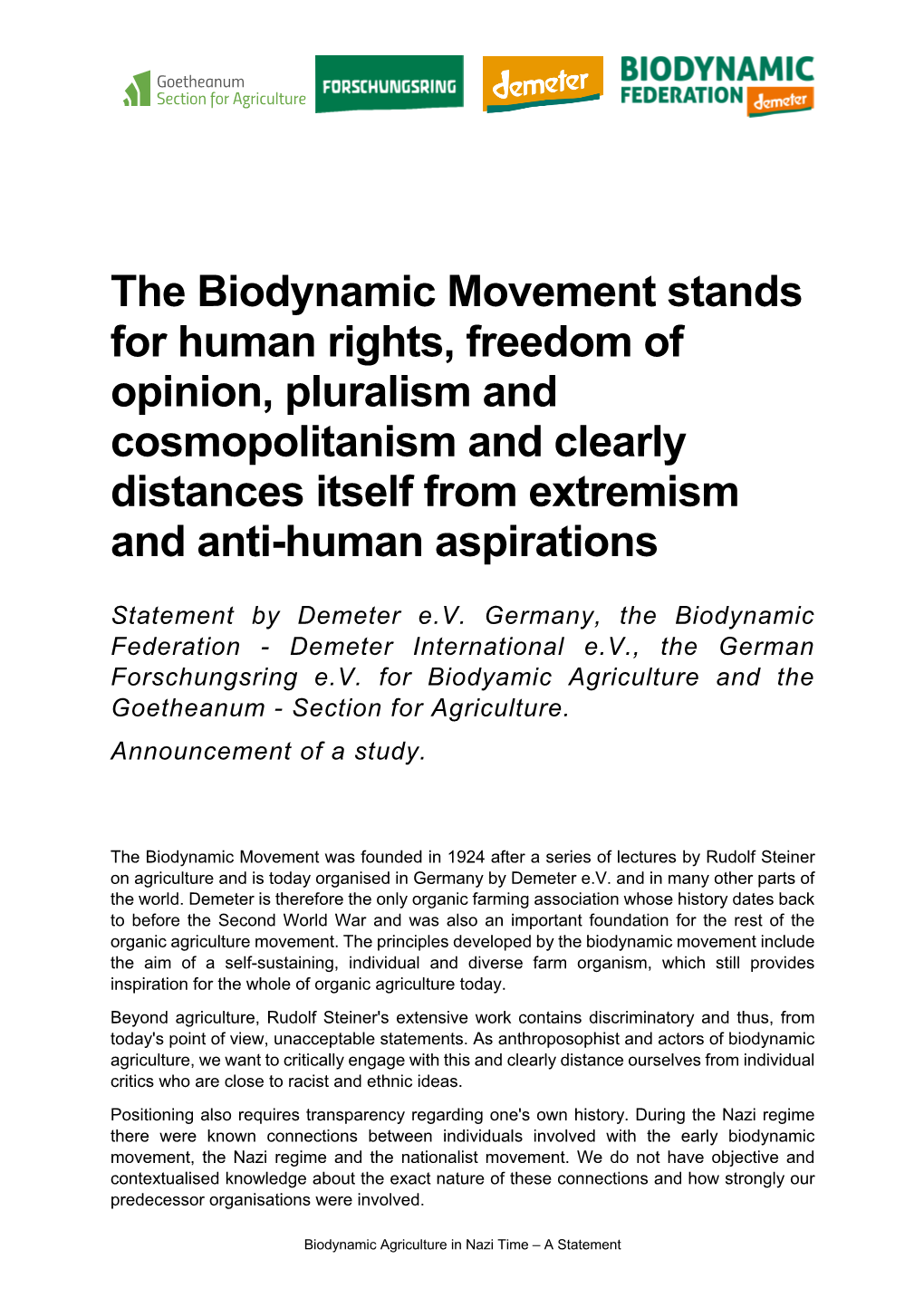 The Biodynamic Movement Stands for Human Rights, Freedom of Opinion, Pluralism and Cosmopolitanism and Clearly Distances Itself