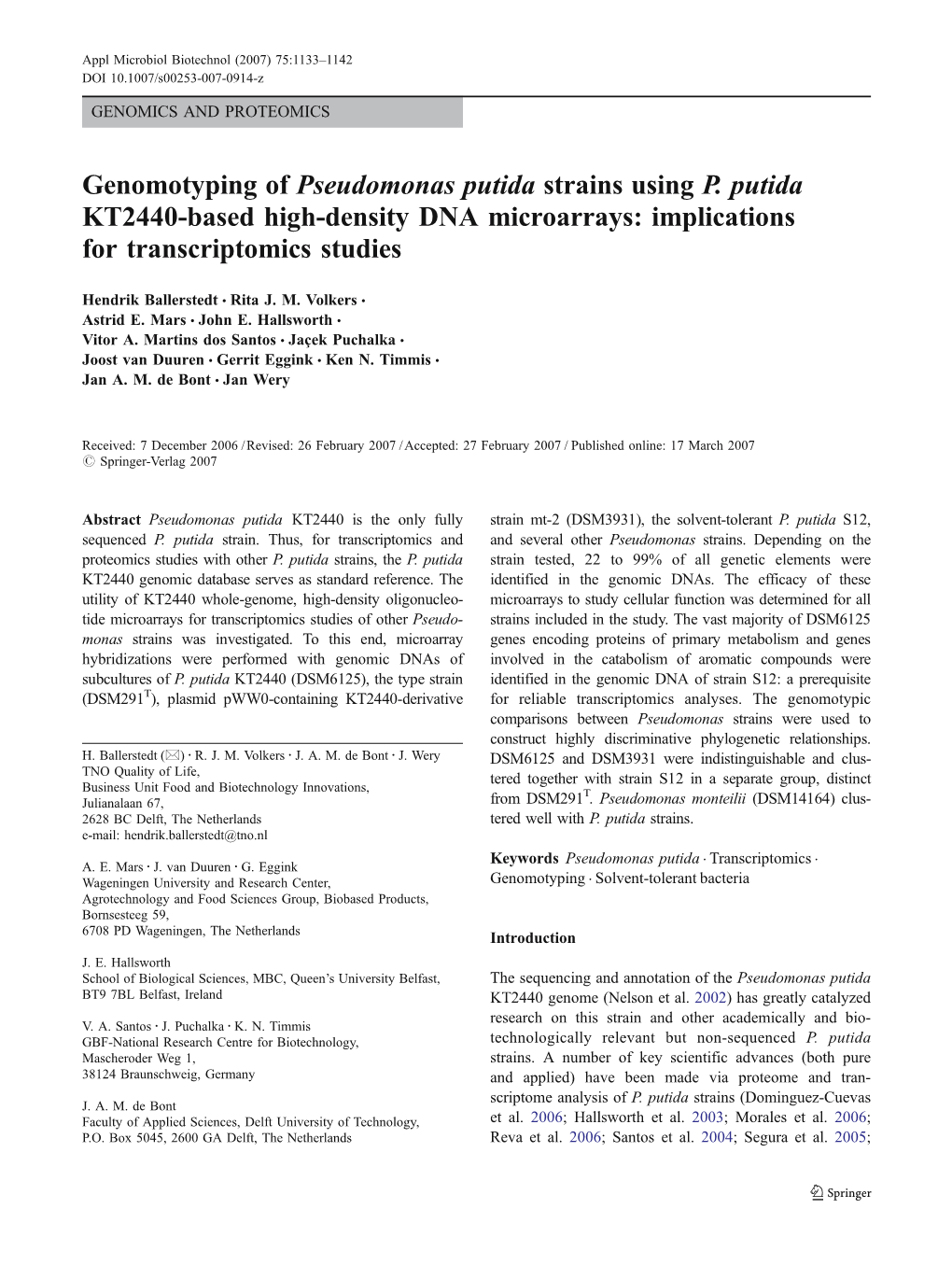 Genomotyping of Pseudomonas Putida Strains Using P. Putida KT2440-Based High-Density DNA Microarrays: Implications for Transcriptomics Studies