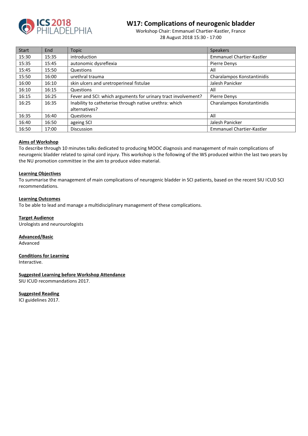 W17: Complications of Neurogenic Bladder Workshop Chair: Emmanuel Chartier-Kastler, France 28 August 2018 15:30 - 17:00