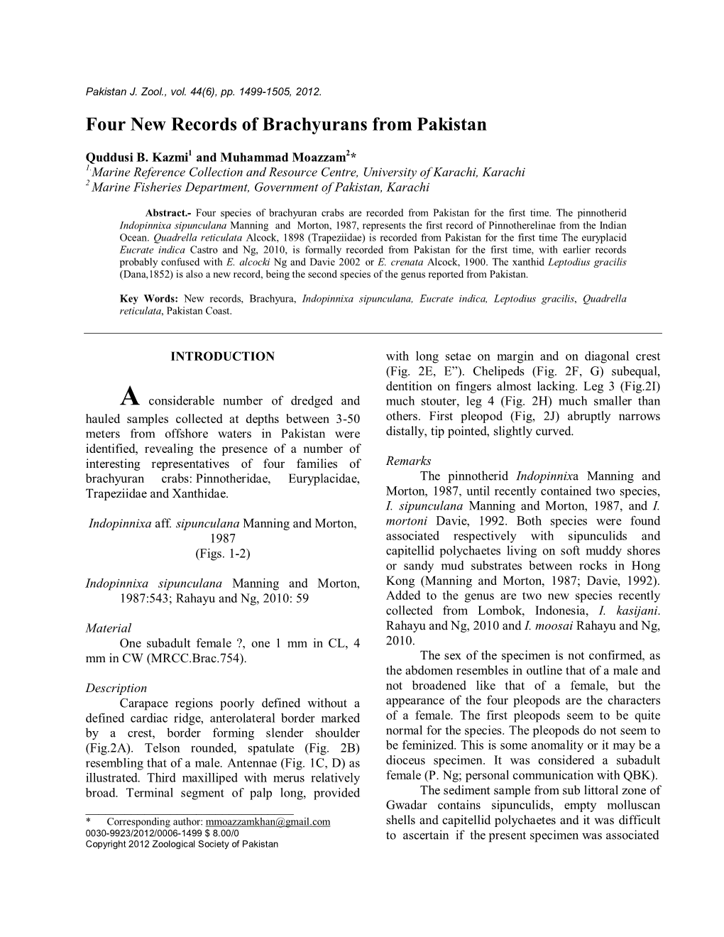 Four New Records of Brachyurans from Pakistan