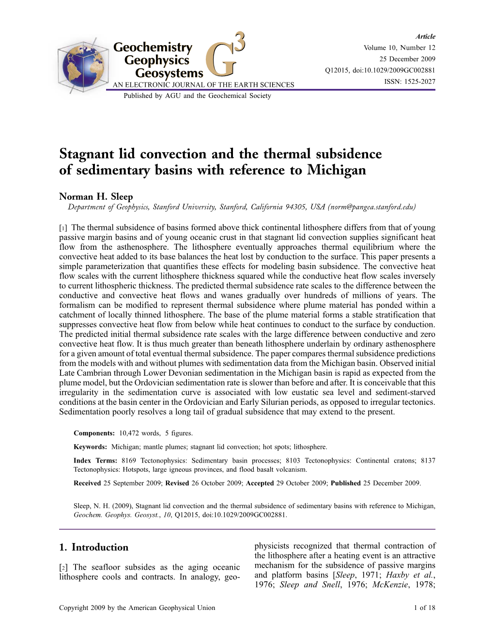 Stagnant Lid Convection and the Thermal Subsidence of Sedimentary Basins with Reference to Michigan