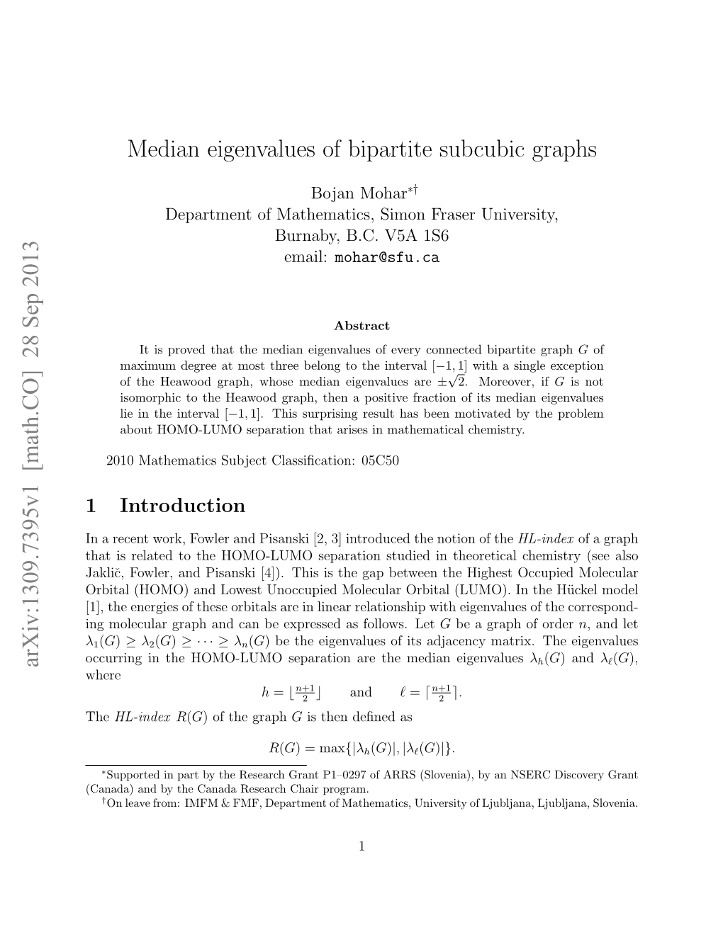 Median Eigenvalues of Bipartite Subcubic Graphs Arxiv:1309.7395V1