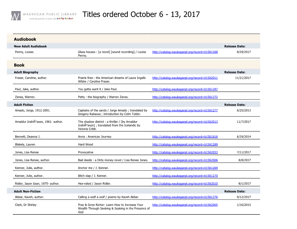 Titles Ordered October 6 - 13, 2017