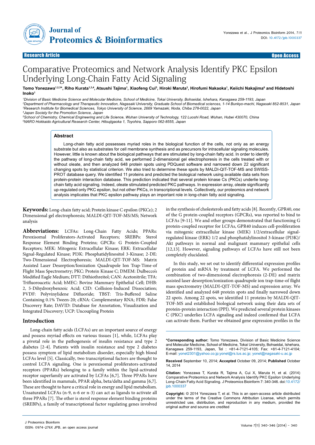 Comparative Proteomics and Network Analysis Identify PKC Epsilon Underlying Long-Chain Fatty Acid Signaling