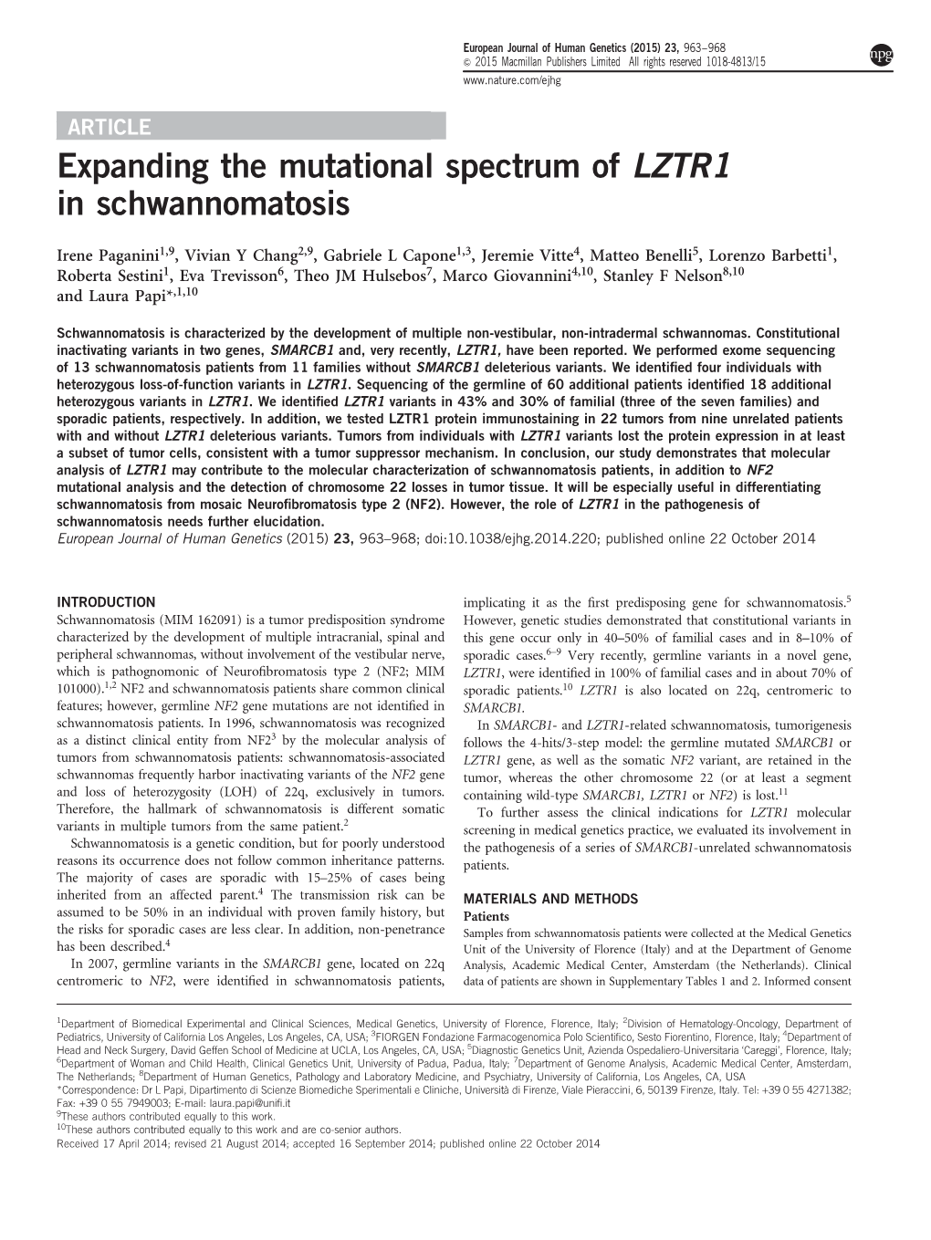 Expanding the Mutational Spectrum of LZTR1 in Schwannomatosis