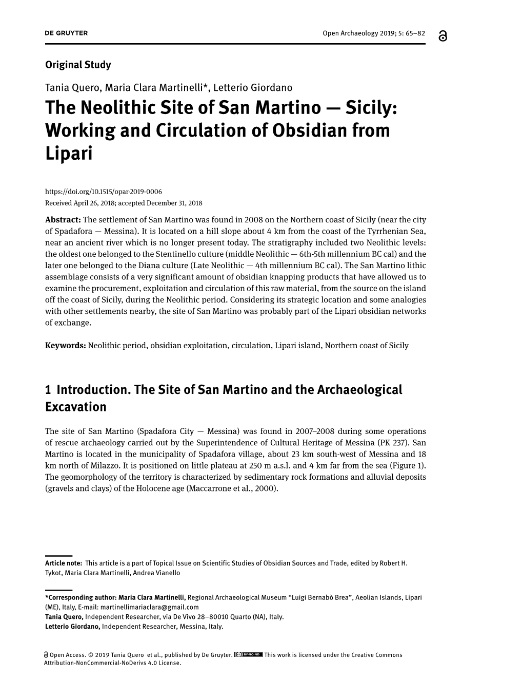 The Neolithic Site of San Martino — Sicily: Working and Circulation of Obsidian from Lipari