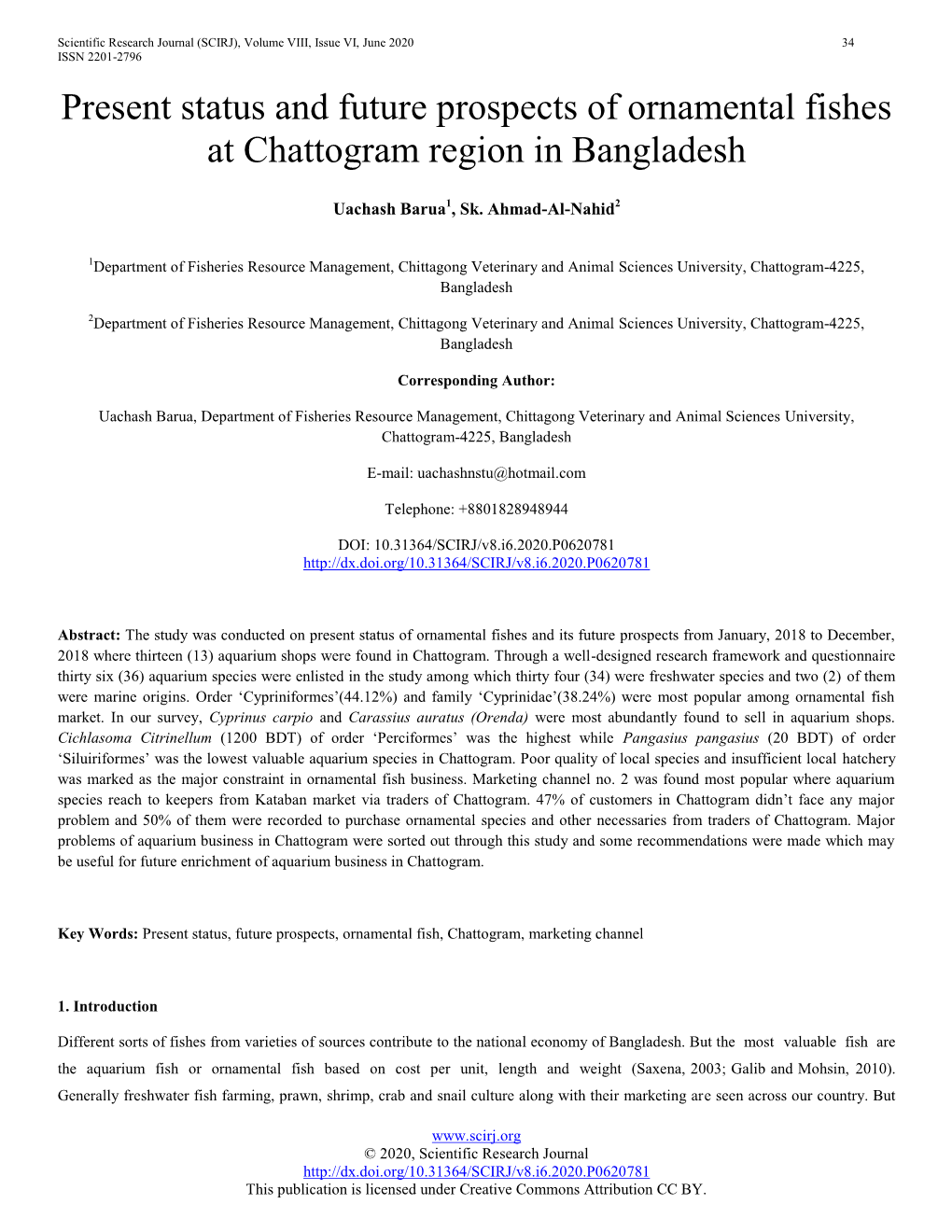 Present Status and Future Prospects of Ornamental Fishes at Chattogram Region in Bangladesh