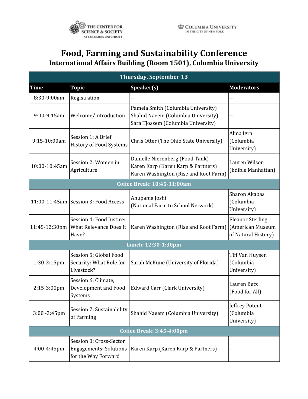 Food, Farming and Sustainability Conference International Affairs Building (Room 1501), Columbia University