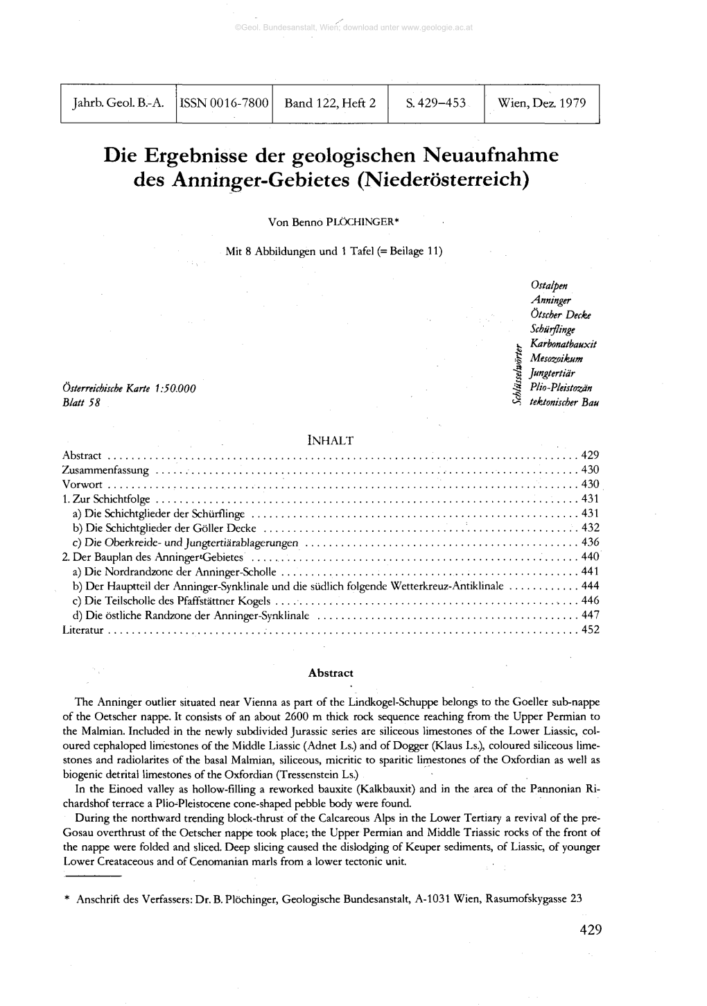 Die Ergebnisse Der Geologischen Neuaufnahme Des Anninger-Gebietes (Niederösterreich)