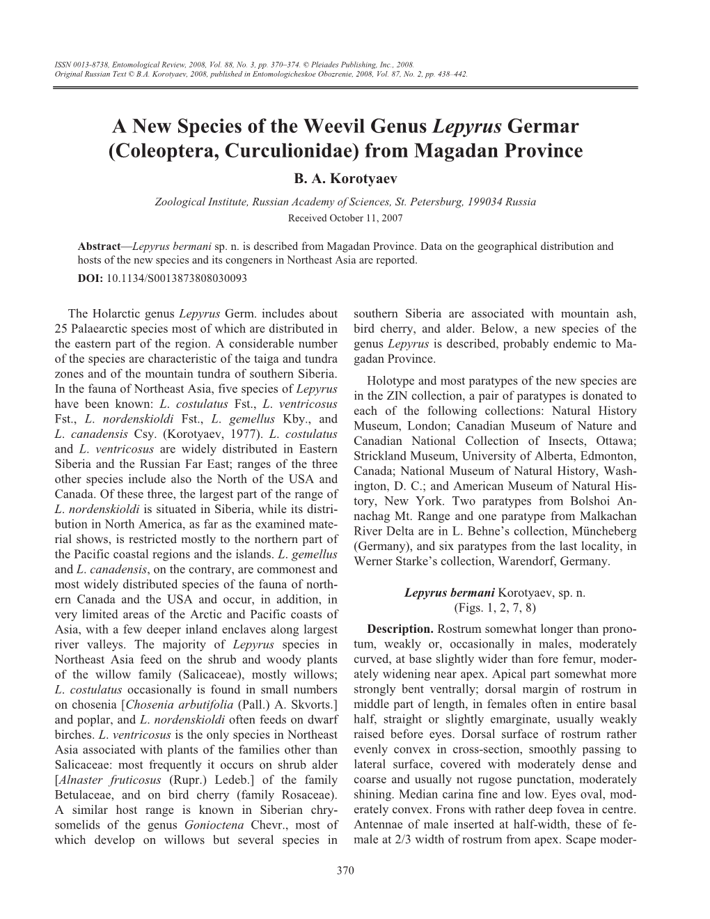 A New Species of the Weevil Genus Lepyrus Germar (Coleoptera, Curculionidae) from Magadan Province B