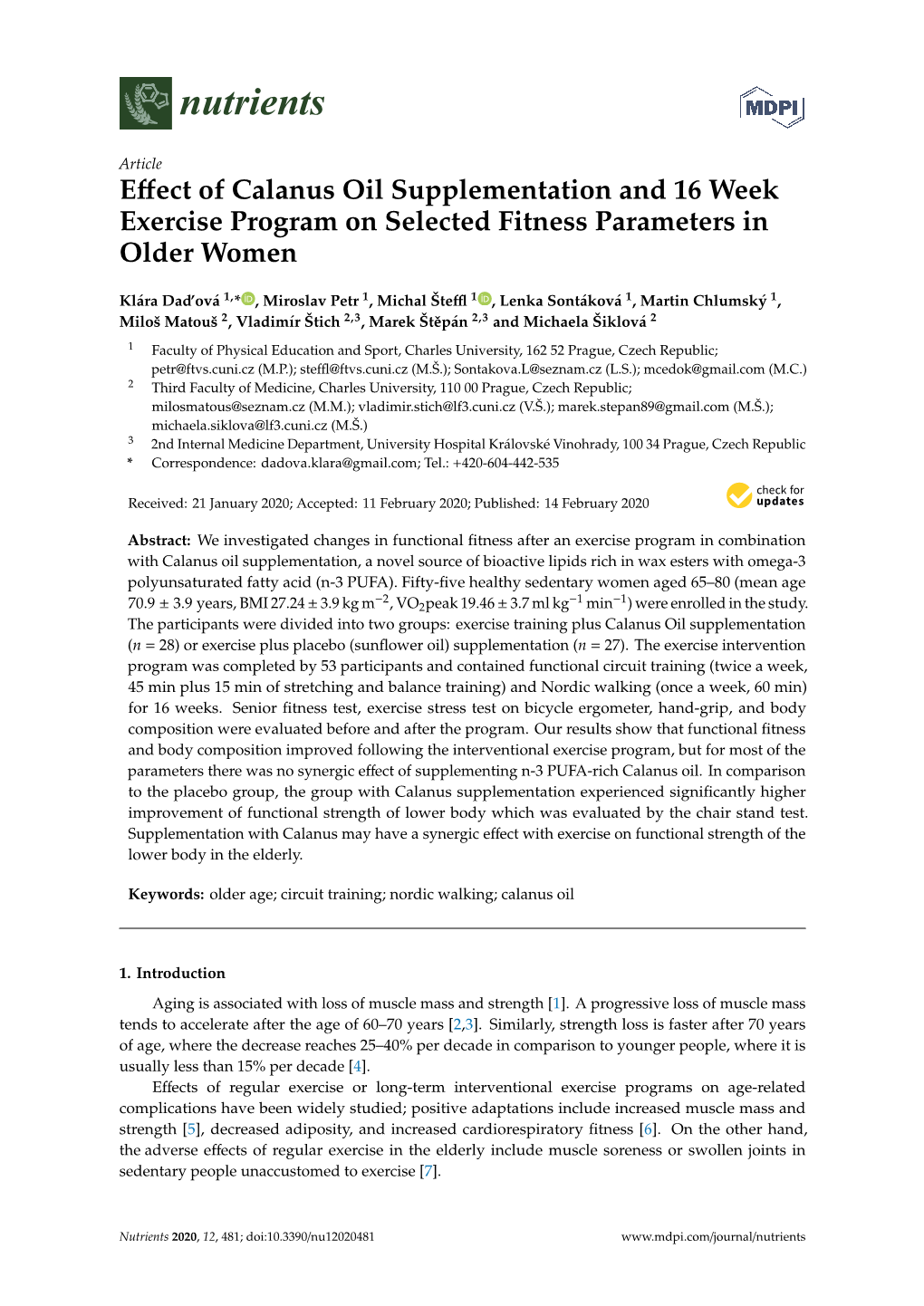 Effect of Calanus Oil Supplementation and 16 Week Exercise Program On