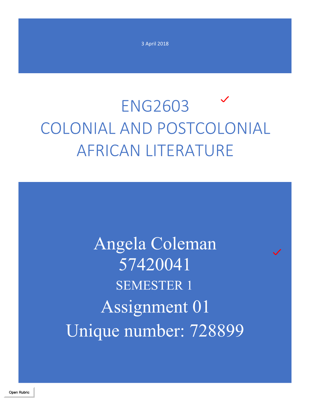 Eng2603 Colonial and Postcolonial African Literature