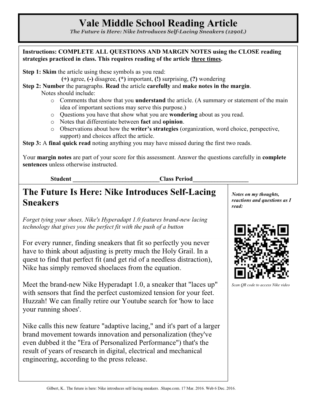 Vale Middle School Reading Article the Future Is Here: Nike Introduces Self-Lacing Sneakers (1290L)