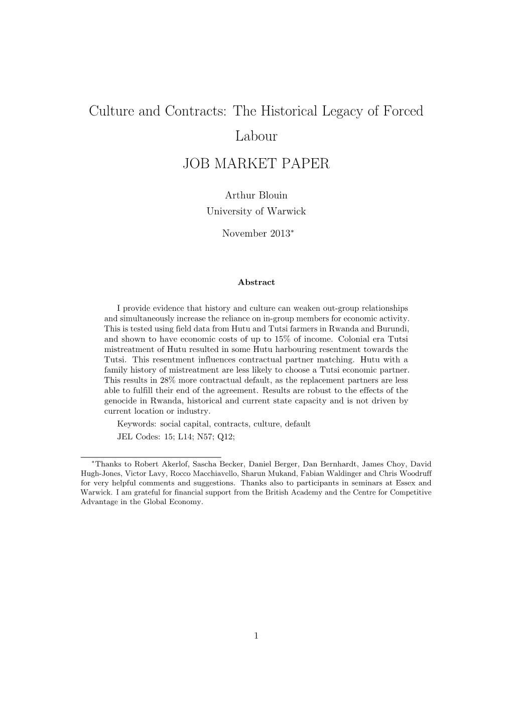 Culture and Contracts: the Historical Legacy of Forced Labour JOB MARKET PAPER