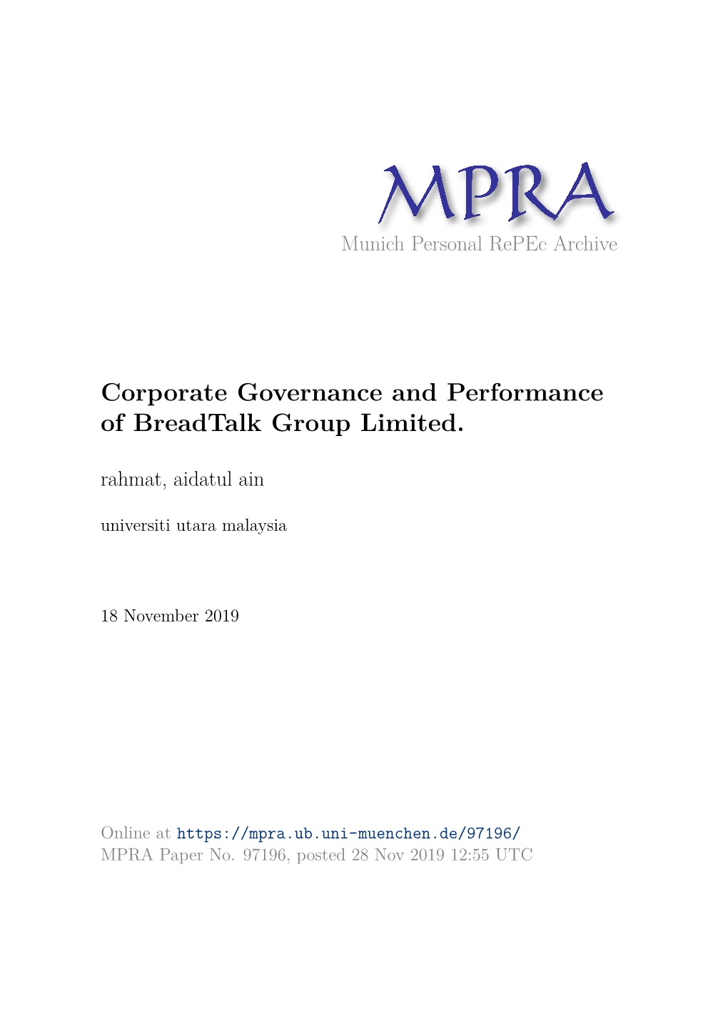 Corporate Governance and Performance of Breadtalk Group Limited