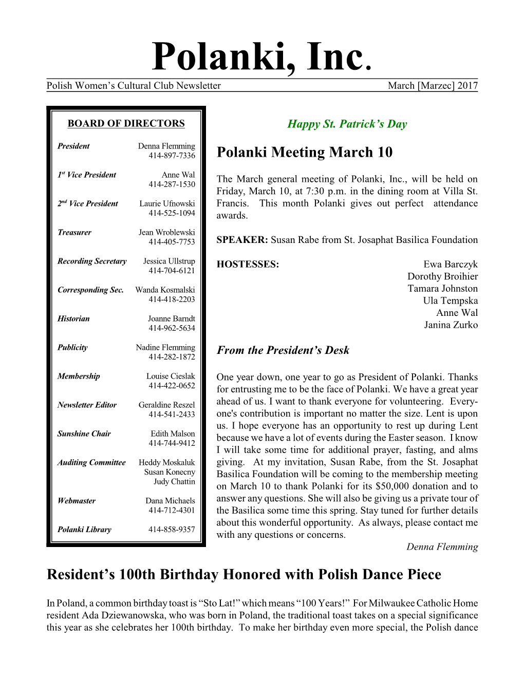 Polanki, Inc. Polish Women’S Cultural Club Newsletter March [Marzec] 2017