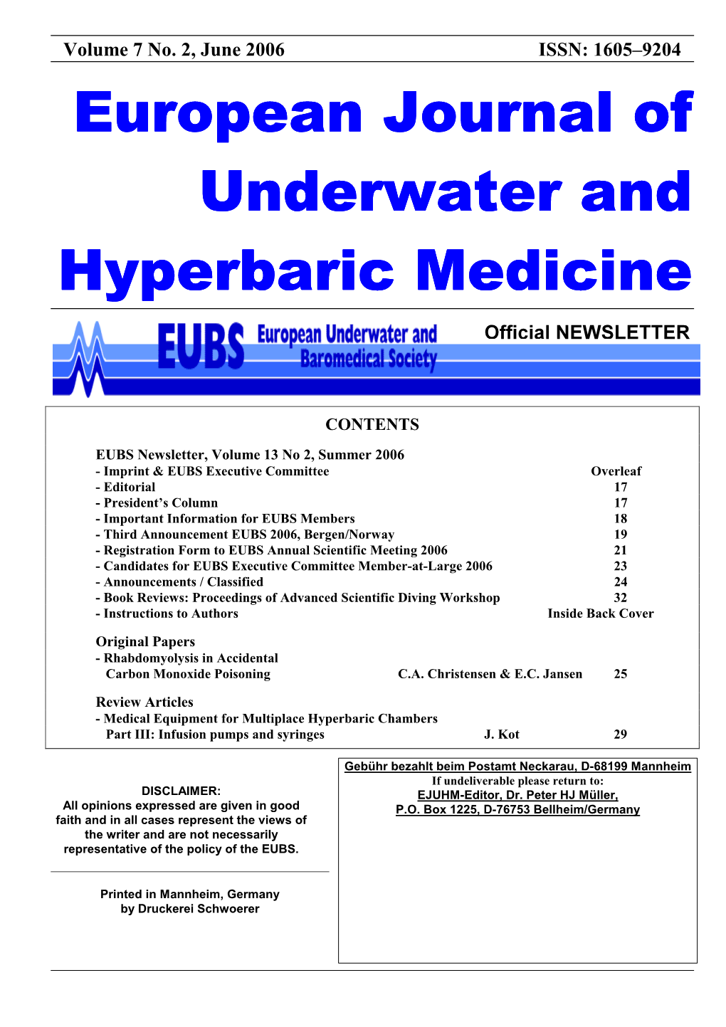 Hyperbaric Medicine a Team Course for Health Care and Diving Professionals