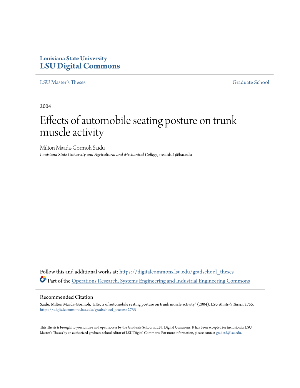 Effects of Automobile Seating Posture on Trunk Muscle Activity