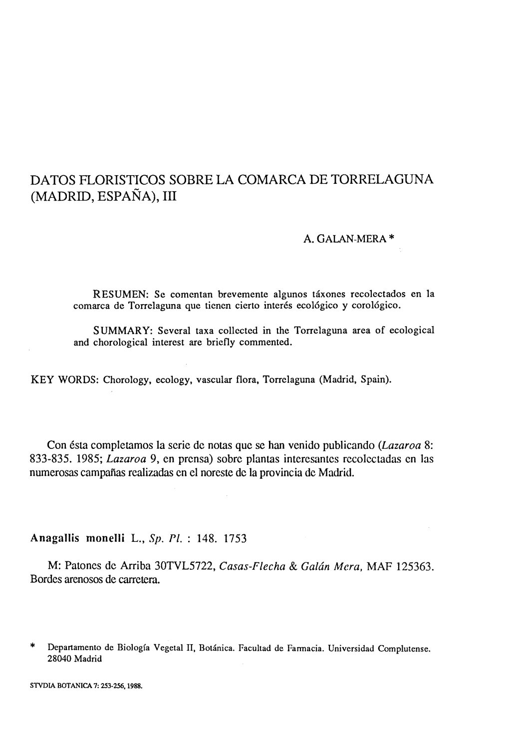 Datos Florísticos Sobre La Comarca De Torrelaguna