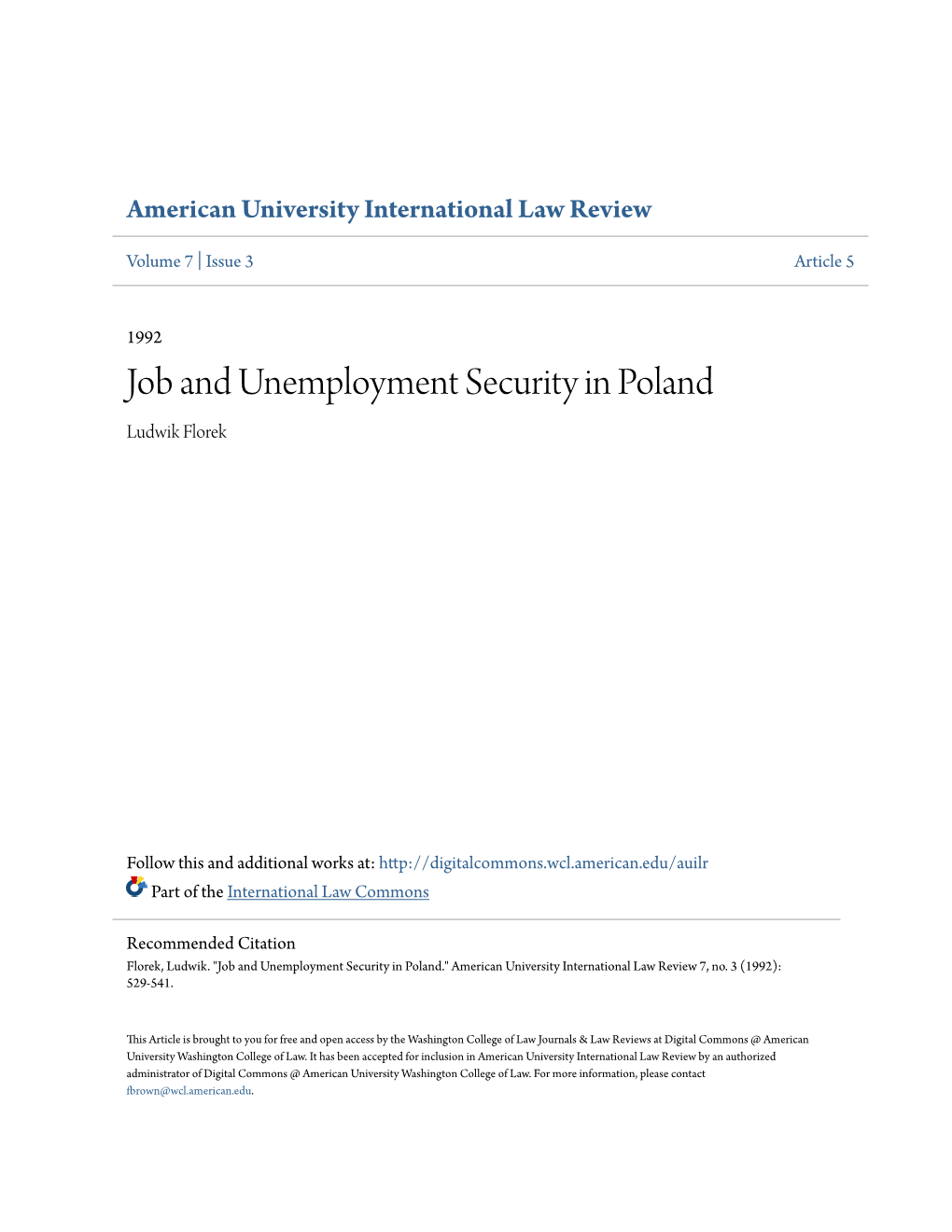 Job and Unemployment Security in Poland Ludwik Florek