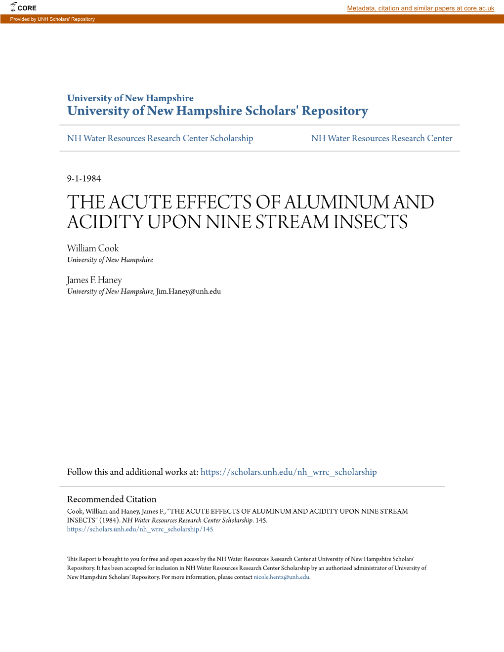 THE ACUTE EFFECTS of ALUMINUM and ACIDITY UPON NINE STREAM INSECTS William Cook University of New Hampshire