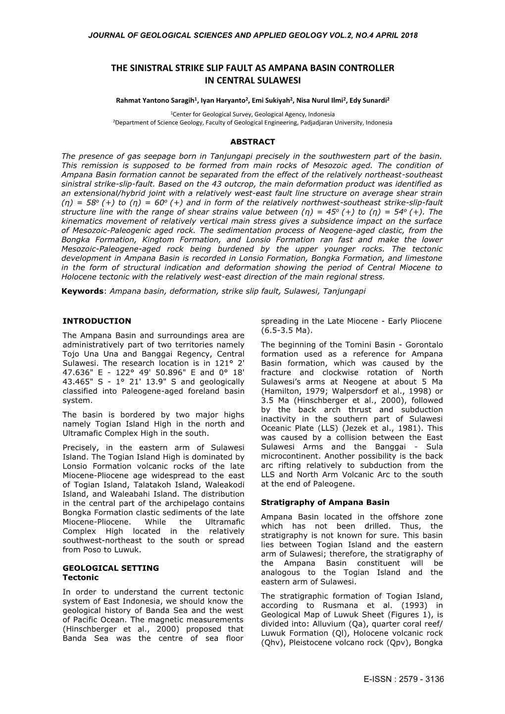 The Sinistral Strike Slip Fault As Ampana Basin Controller in Central Sulawesi