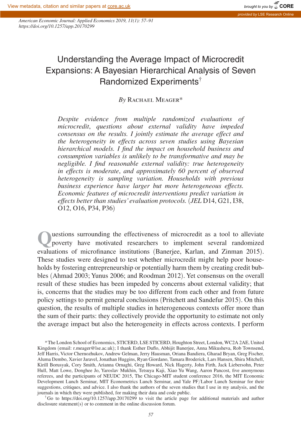 Understanding the Average Impact of Microcredit Expansions: a Bayesian Hierarchical Analysis of Seven Randomized Experiments†