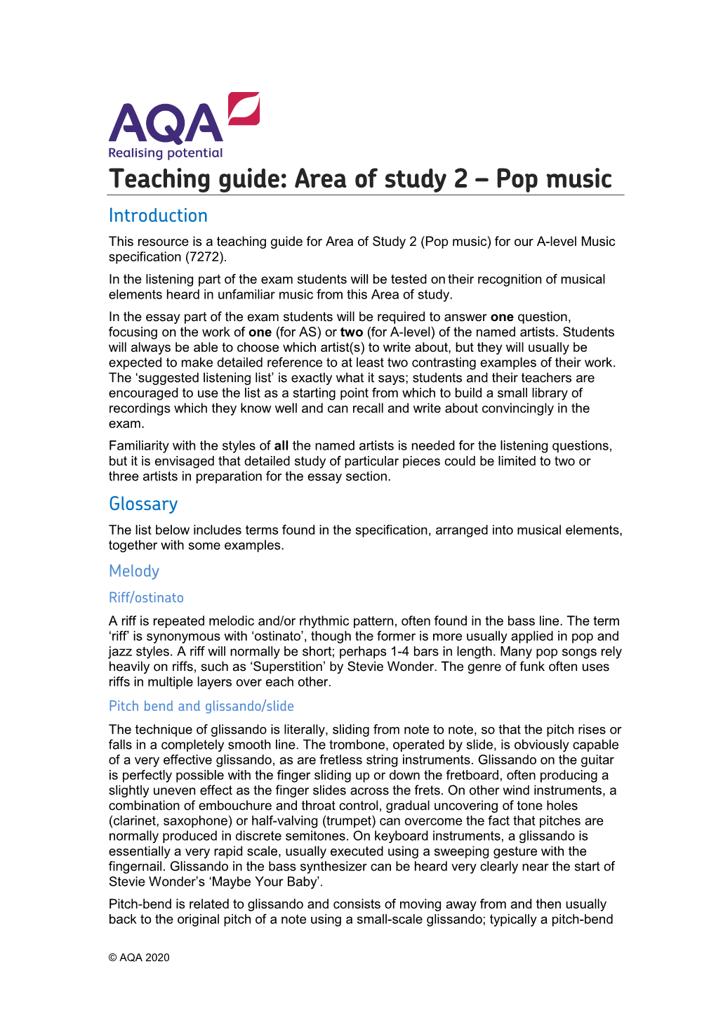 Teaching Guide: Area of Study 2 – Pop Music Introduction This Resource Is a Teaching Guide for Area of Study 2 (Pop Music) for Our A-Level Music Specification (7272)