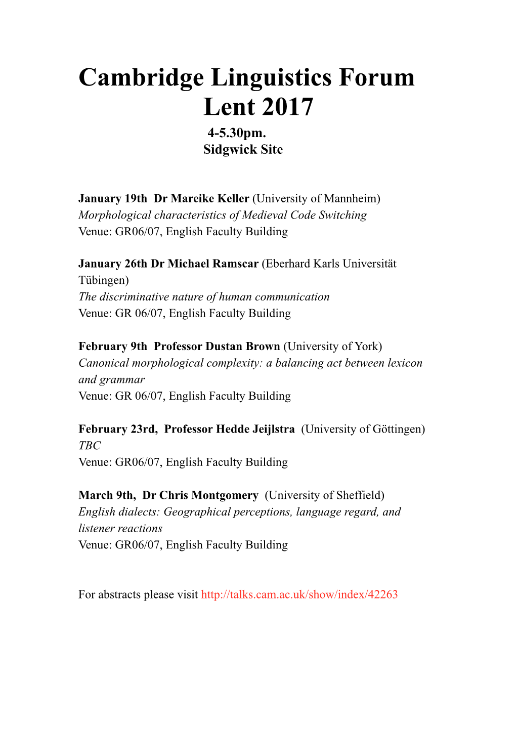 Cambridge Linguistics Forum Lent 2017 4-5.30Pm