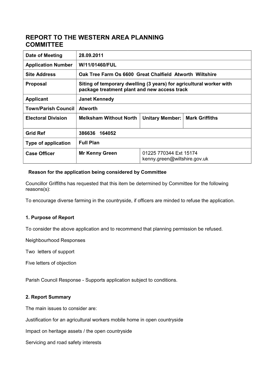 Report to the Western Area Planning Committee