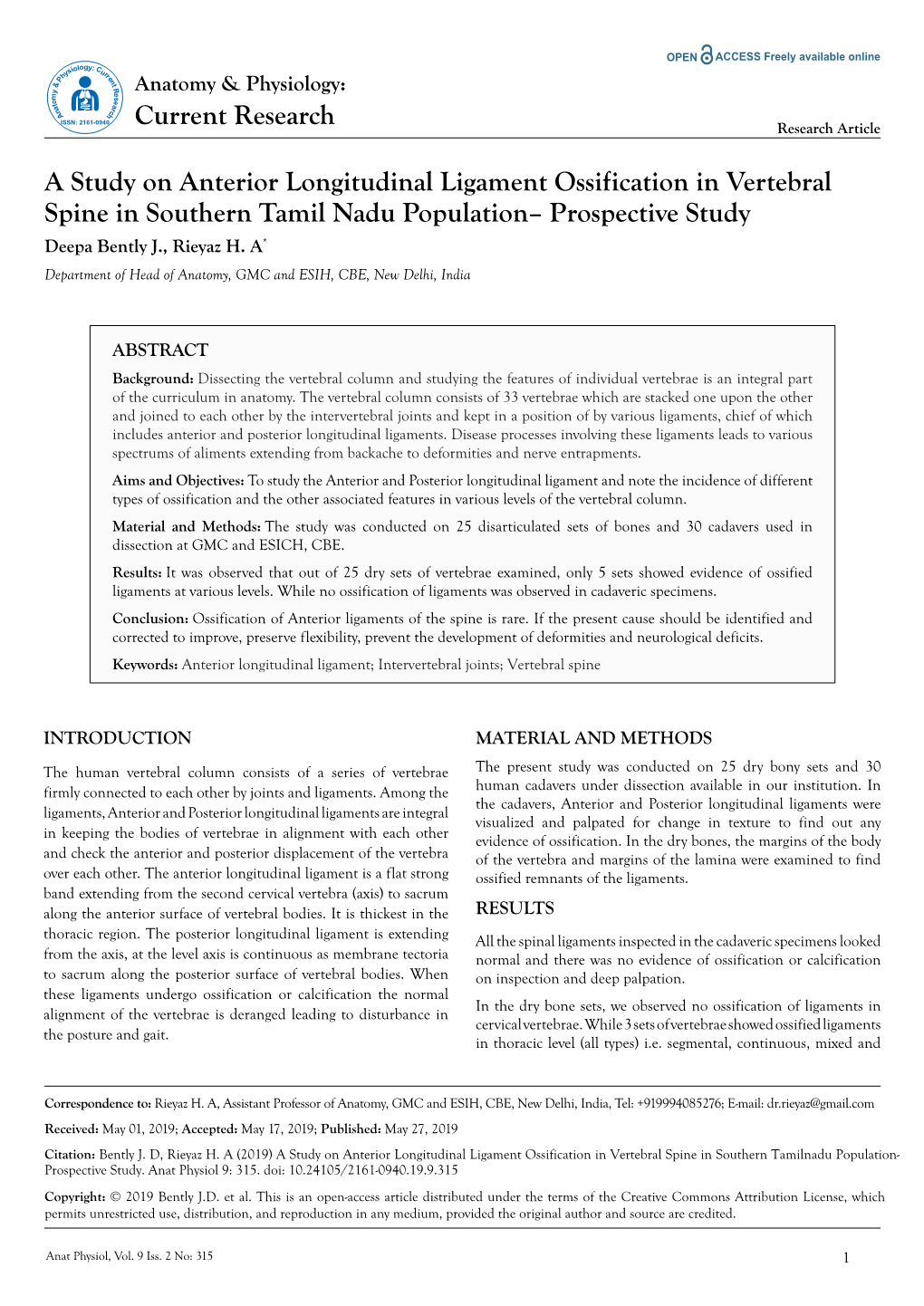 A Study on Anterior Longitudinal Ligament Ossification in Vertebral Spine in Southern Tamil Nadu Population– Prospective Study Deepa Bently J., Rieyaz H