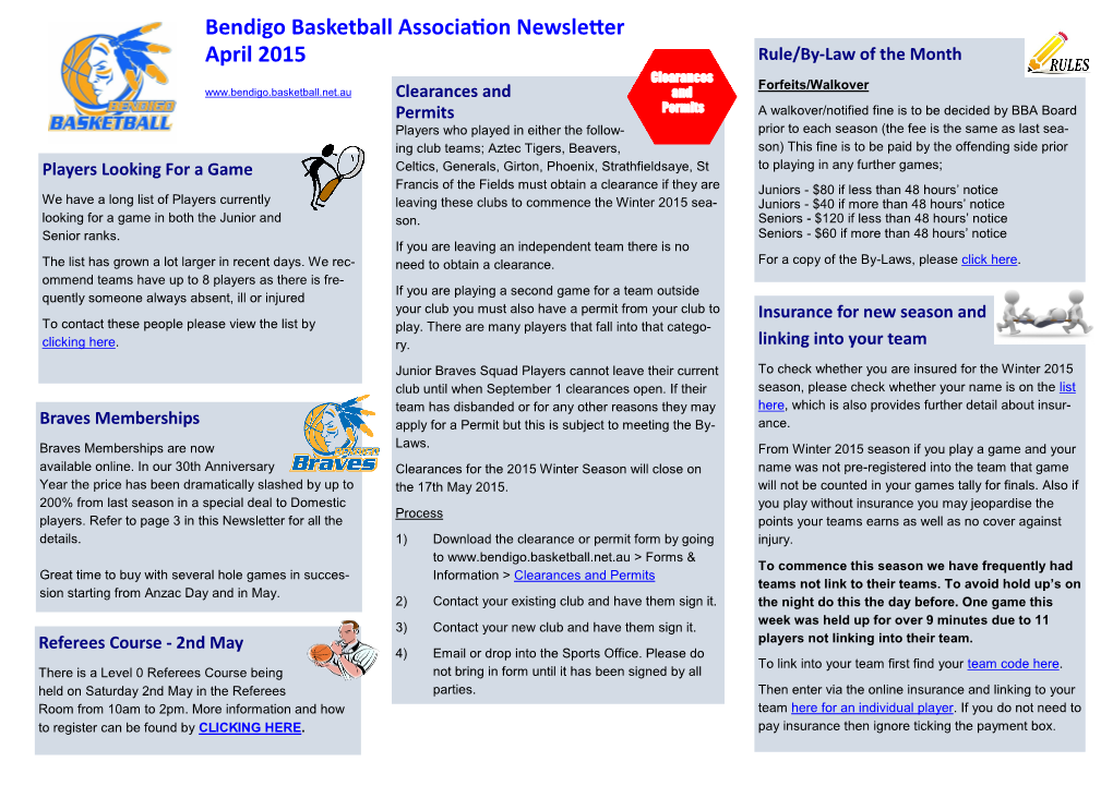 Bendigo Basketball Association Newsletter April 2015