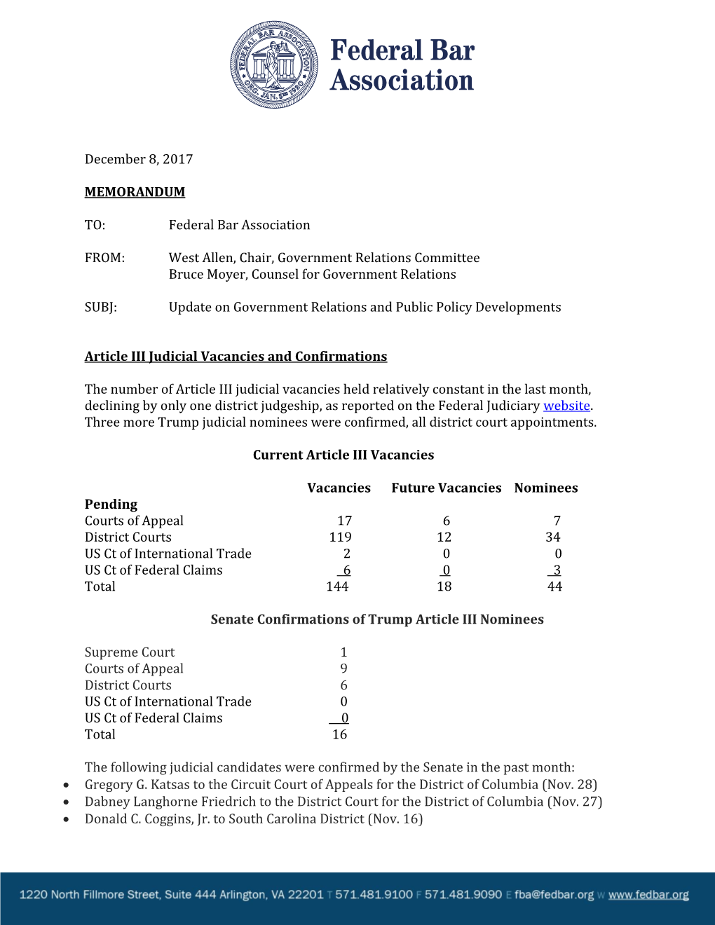 December 8, 2017 MEMORANDUM TO: Federal Bar Association FROM