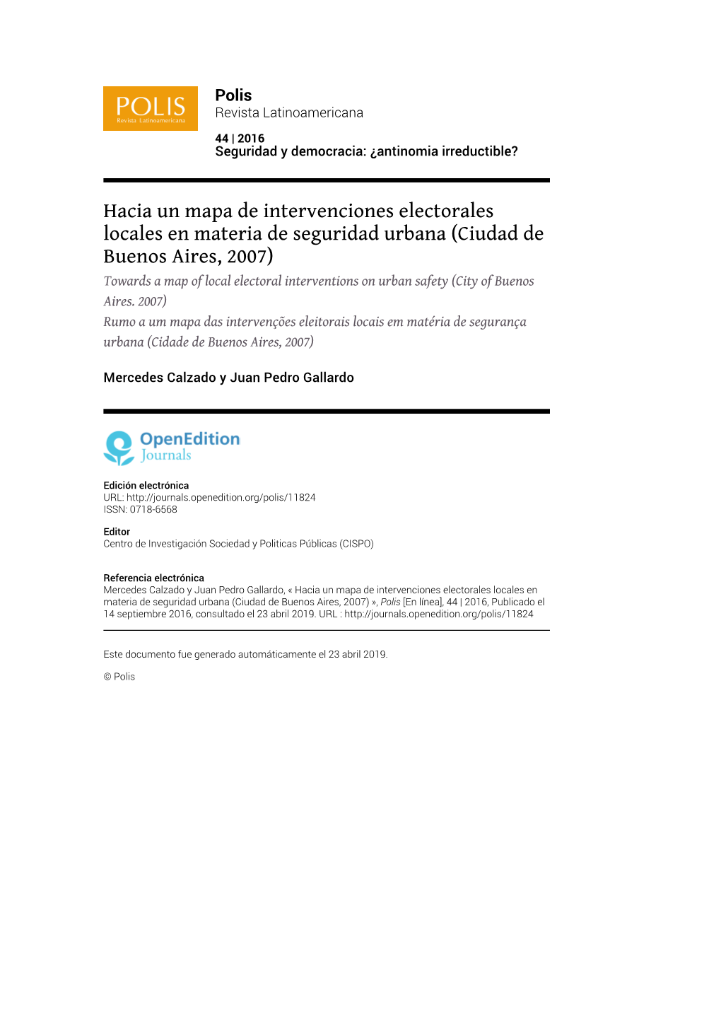 Ciudad De Buenos Aires, 2007) Towards a Map of Local Electoral Interventions on Urban Safety (City of Buenos Aires