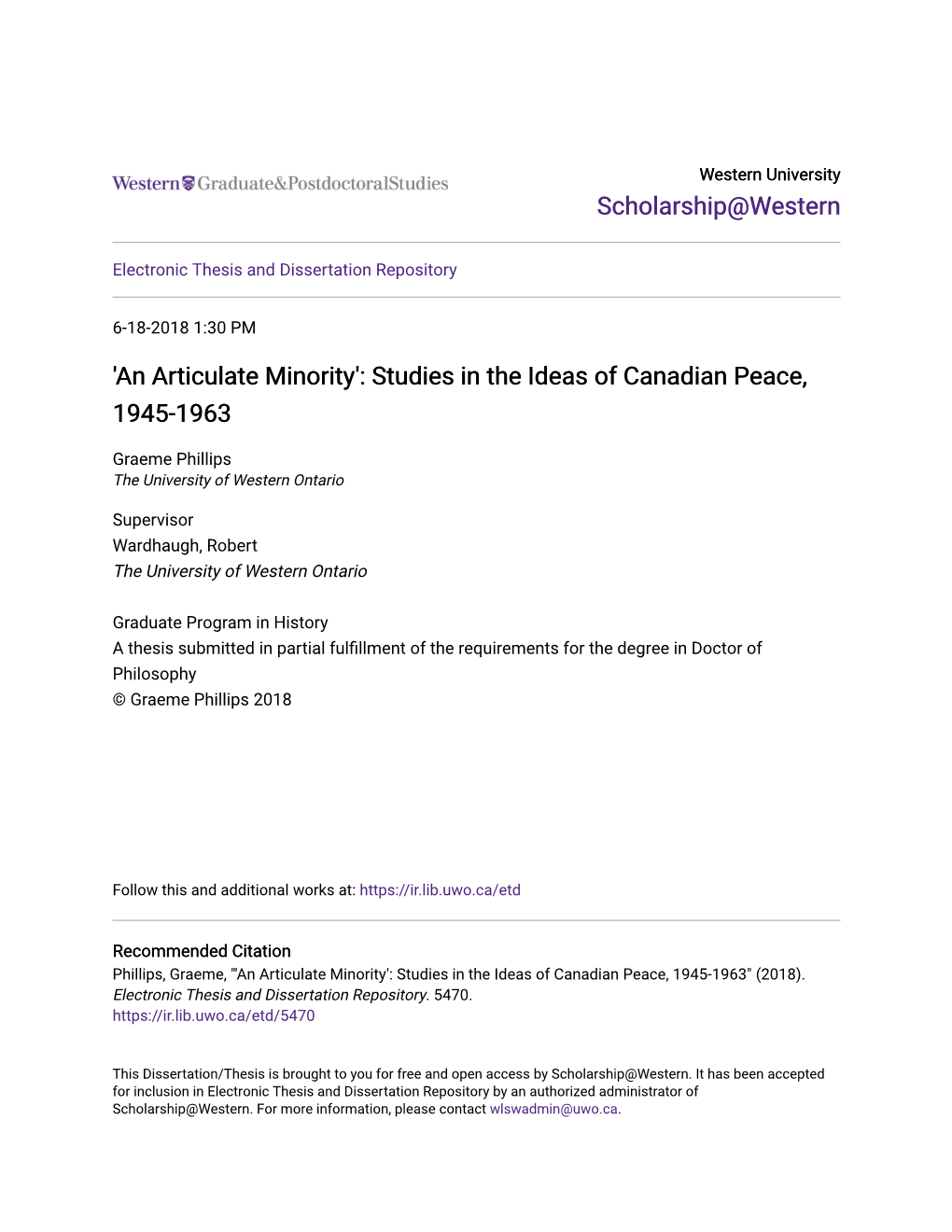 'An Articulate Minority': Studies in the Ideas of Canadian Peace, 1945-1963