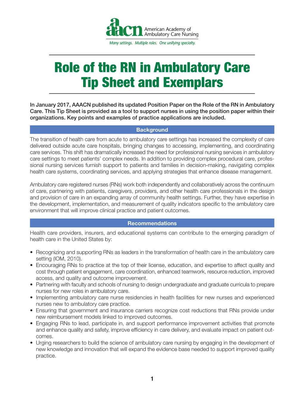 Role of the RN in Ambulatory Care Tip Sheet and Exemplars