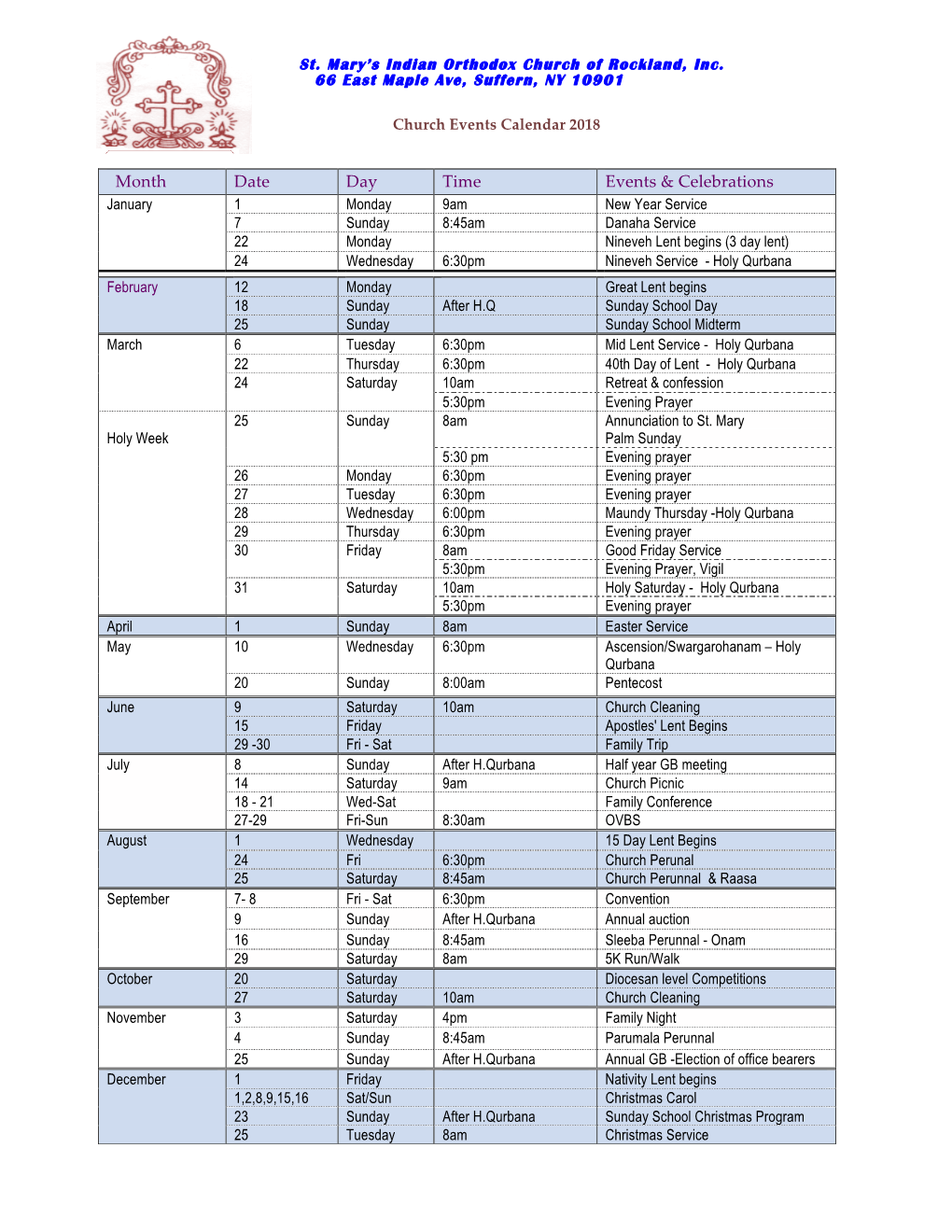 Month Date Day Time Events & Celebrations