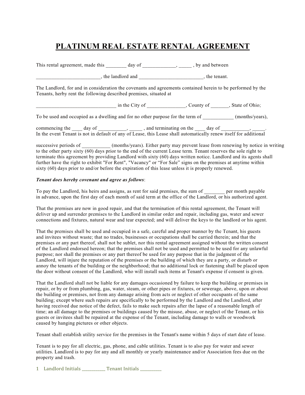 Platinum Real Estate Rental Agreement