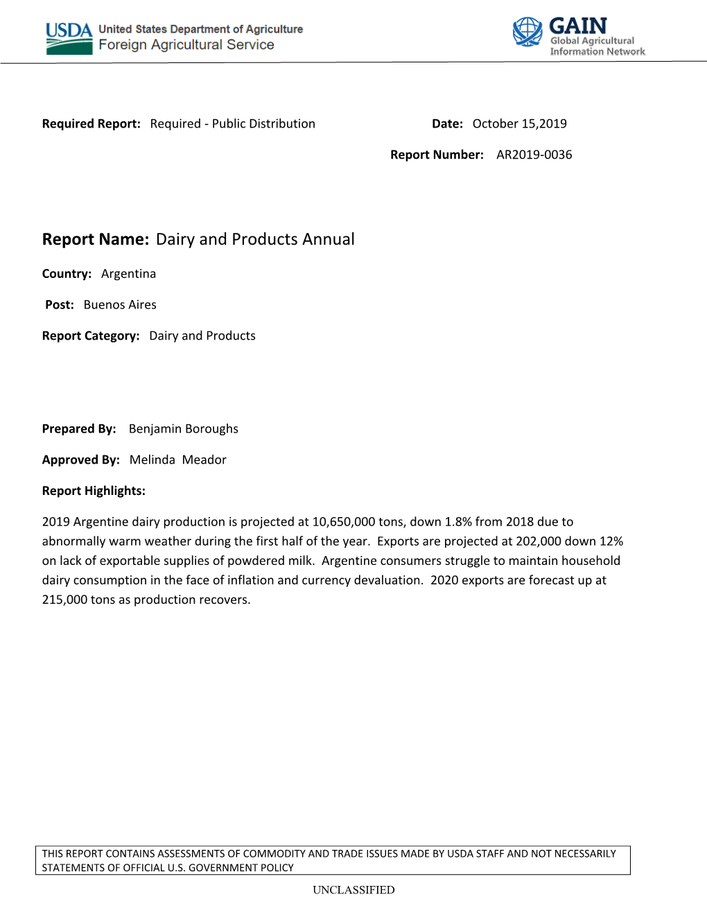 Report Name: Dairy and Products Annual