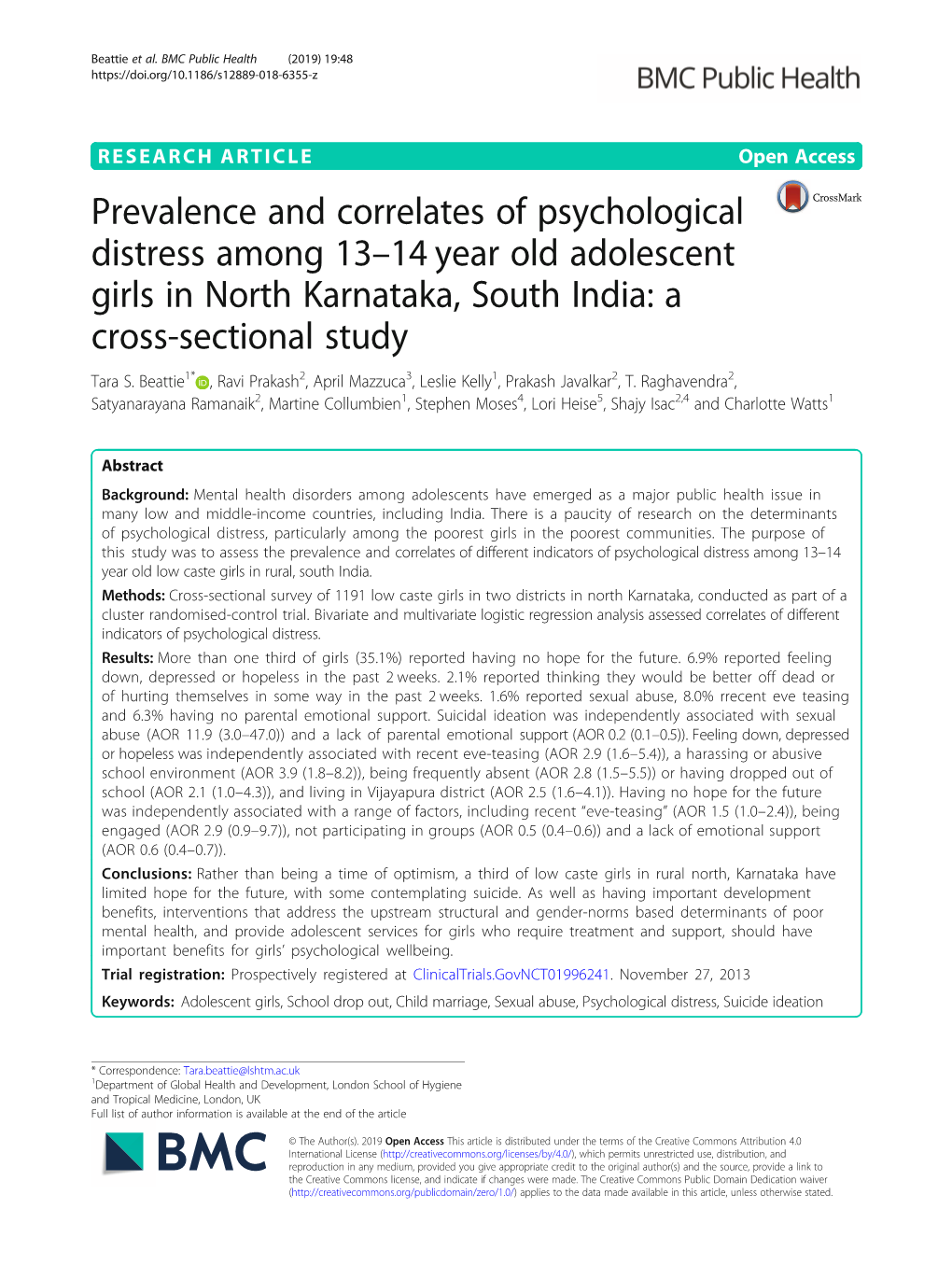 Prevalence and Correlates of Psychological Distress Among 13–14 Year Old Adolescent Girls in North Karnataka, South India: a Cross-Sectional Study Tara S