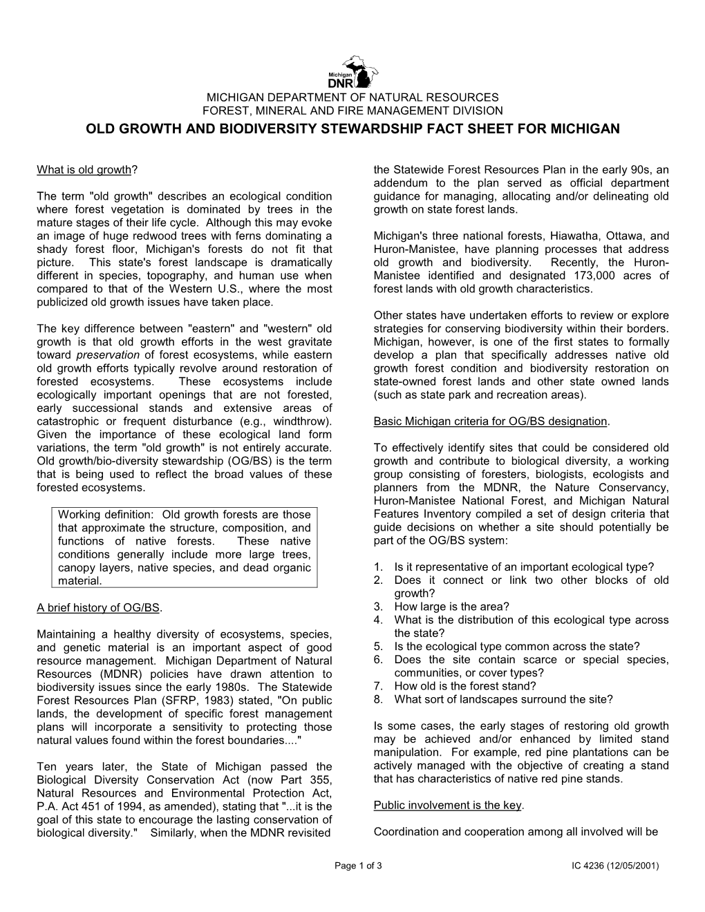 Old Growth and Biodiversity Stewardship Fact Sheet for Michigan
