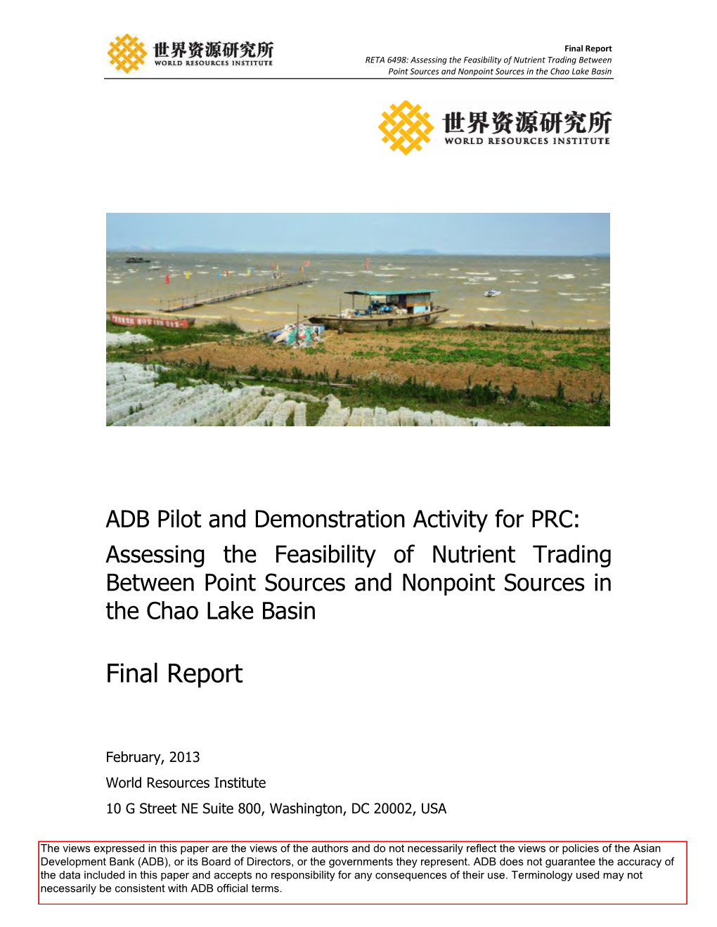 China Pilot Project: Assessing the Feasibility of Nutrient Trading