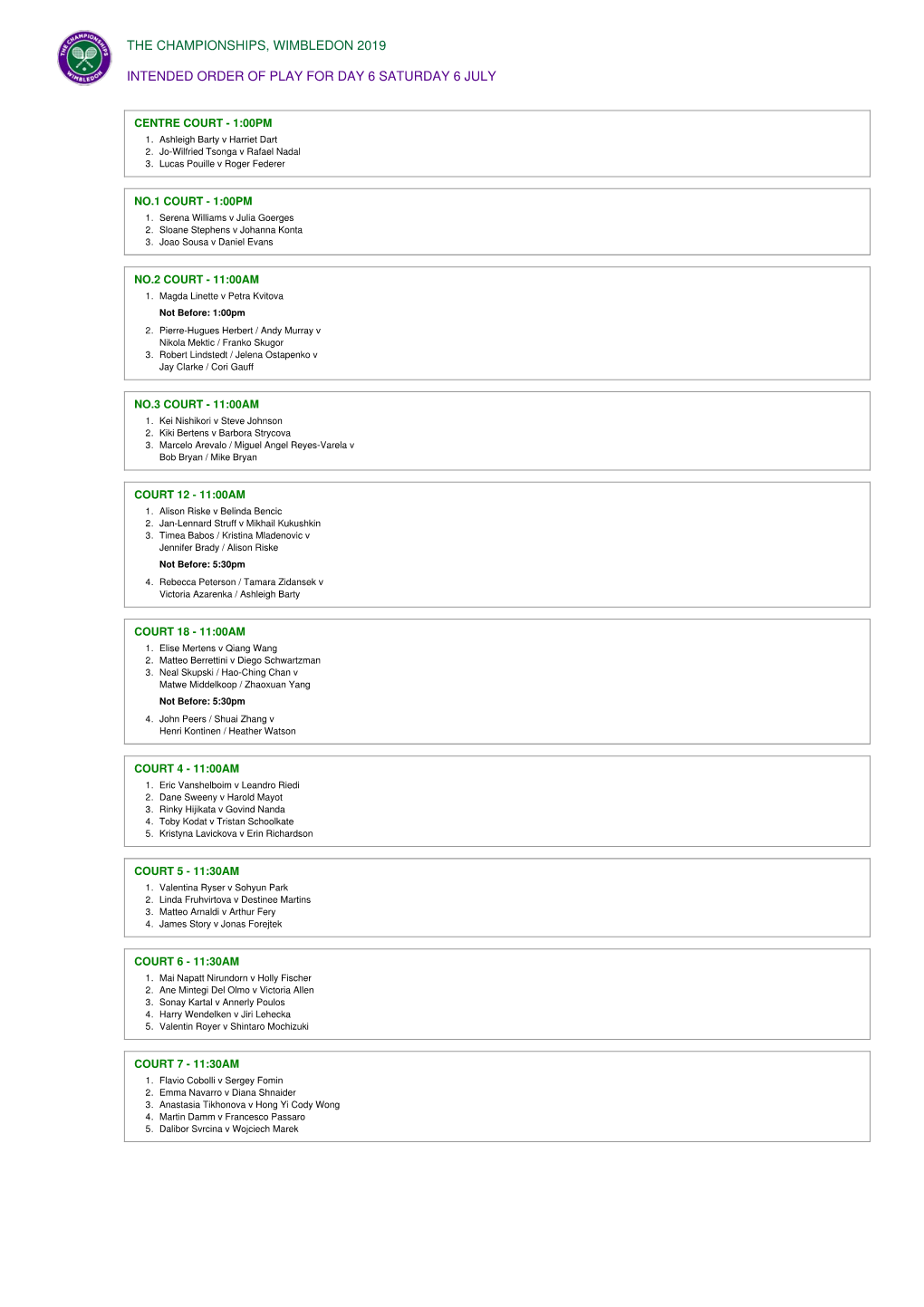 The Championships, Wimbledon 2019 Intended
